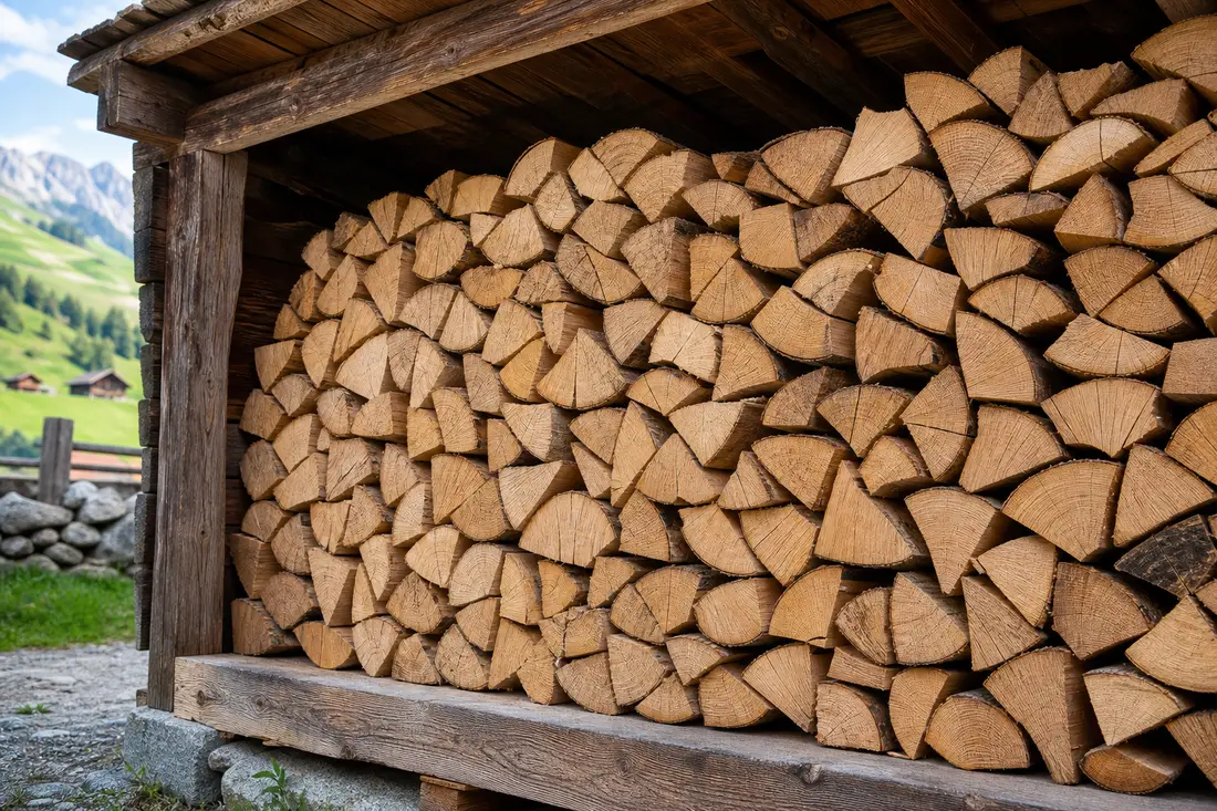 Bûches de hêtre sec empilées sous abri pour le chauffage au bois
