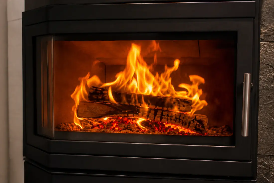 Flambée vive et claire dans un poêle à bois fermé