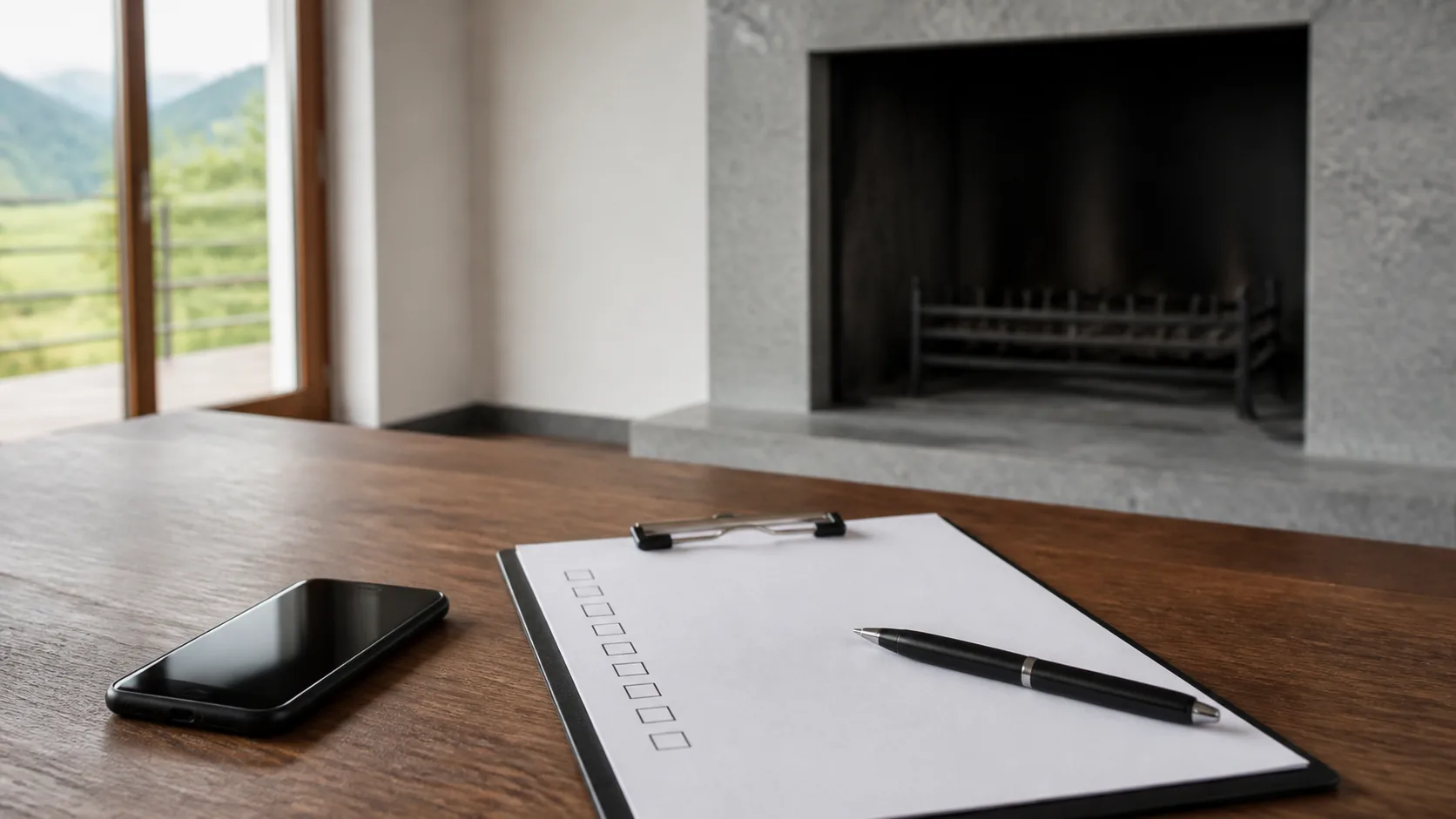 Une fiche de signalement posée à distance d’un poêle non utilisé, illustrant la préparation d’un rendez-vous sans manipulation de l’installation.