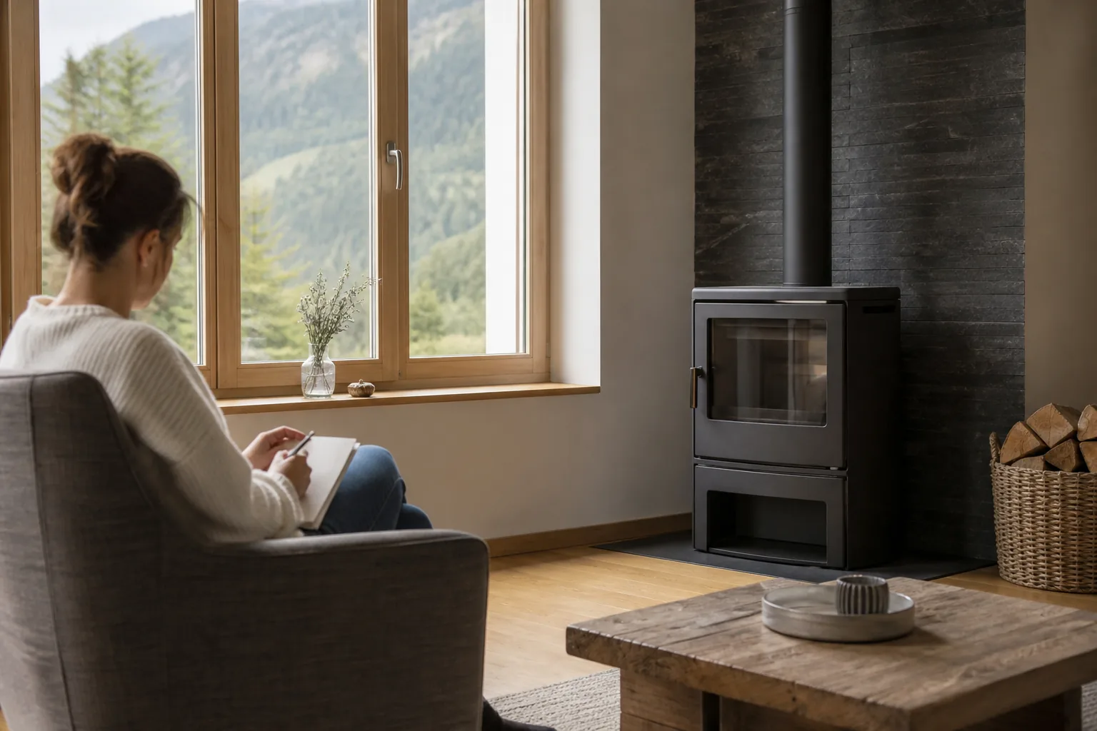 Une personne note calmement une odeur inhabituelle dans un séjour, loin d’un poêle et sans toucher à l’installation.