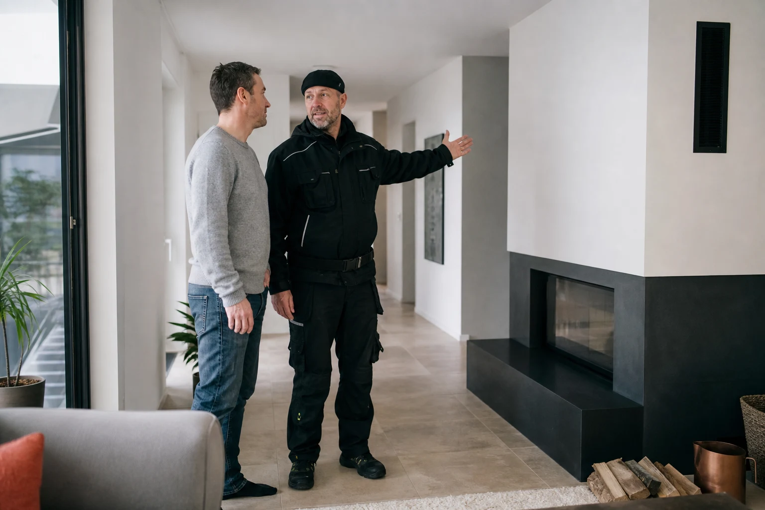 Une personne indique un escalier intérieur et l’accès dégagé à un artisan avant une visite de ramonage